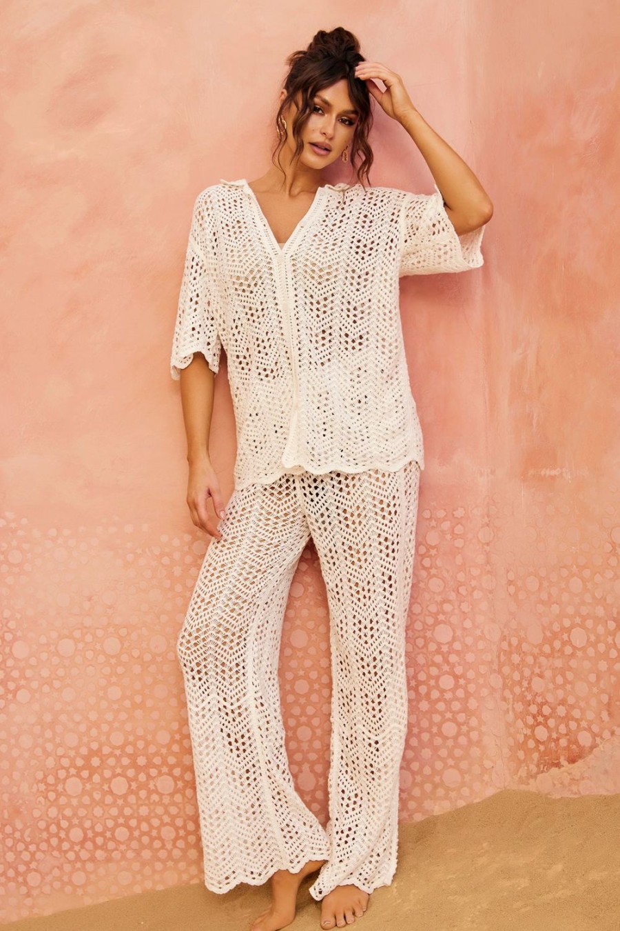 Co-Ords | Sage and Paige Heat Wave Crochet Shirt - White