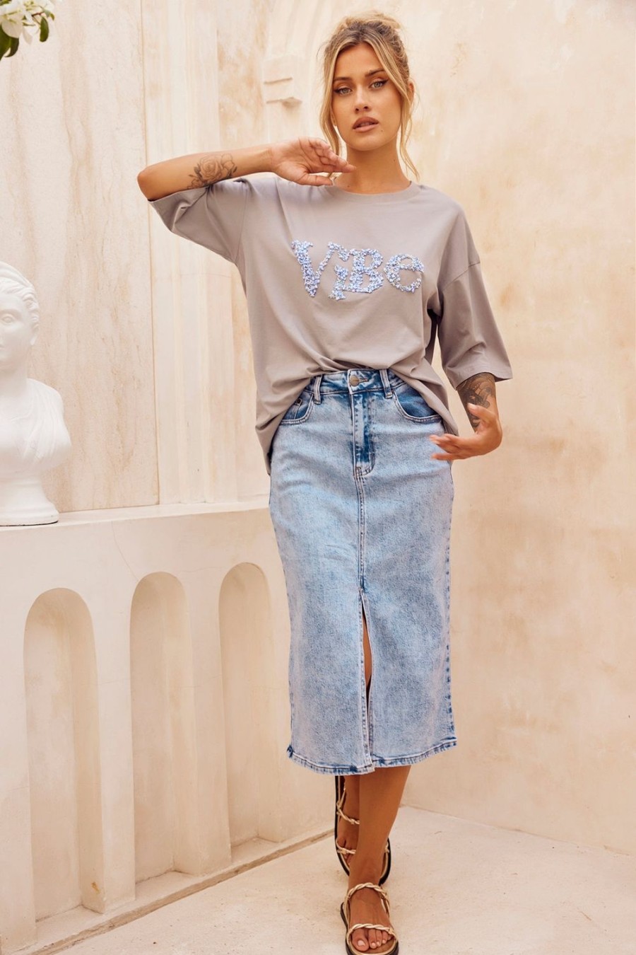 Denim | Sage and Paige Always Mine Denim Midi Skirt - Washed Blue