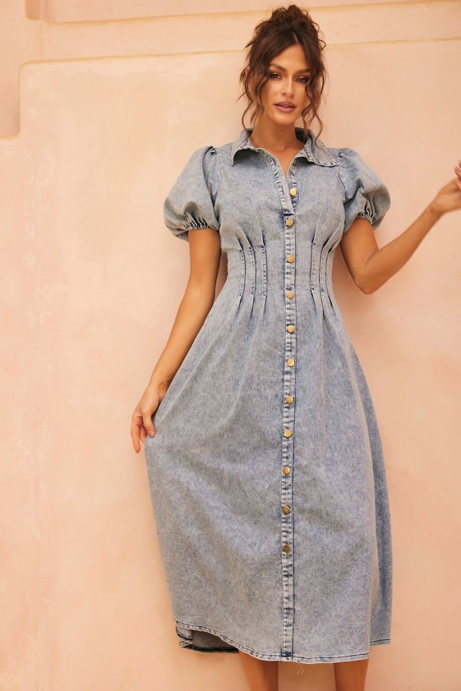 Denim | Sage and Paige Amber Denim Midi Dress - Washed Blue