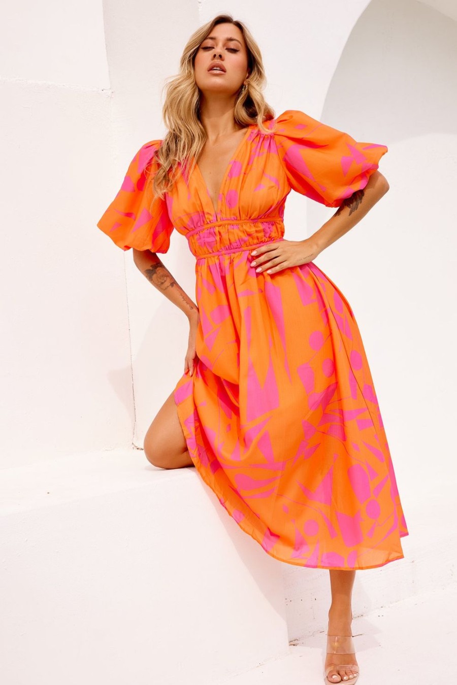 Day Dresses | Sage and Paige On The Rise Midi Dress - Hot Pink Multi