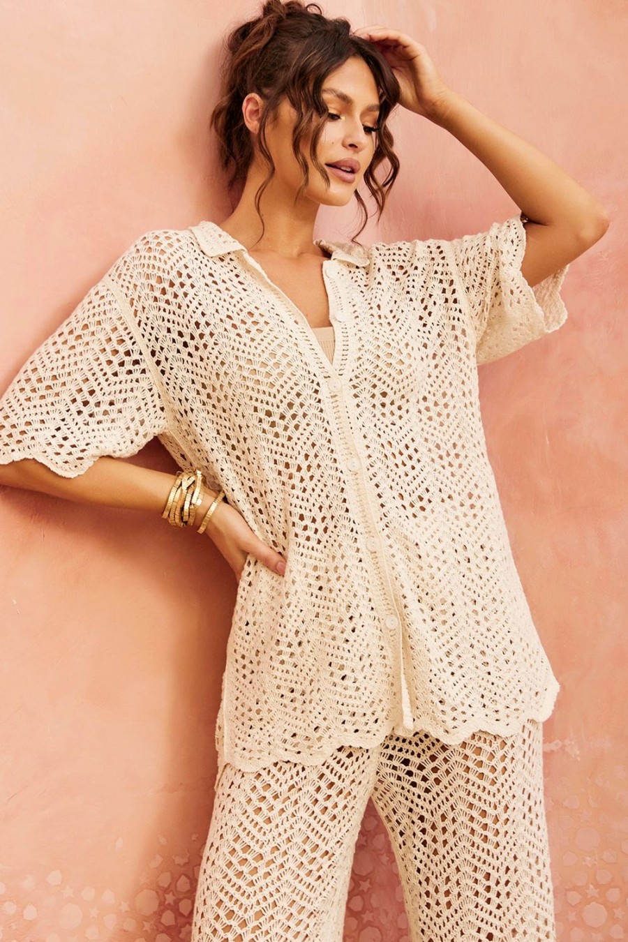 Co-Ords | Sage and Paige Heat Wave Crochet Shirt - Beige