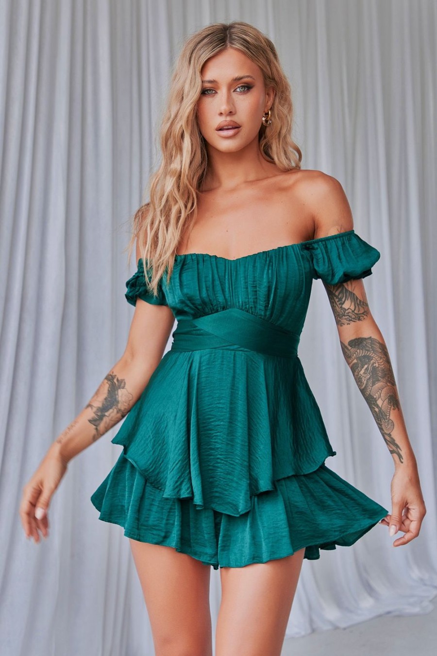 Dressy Playsuits | Sage and Paige Ground Theory Off-The Shoulder Playsuit - Forest Green